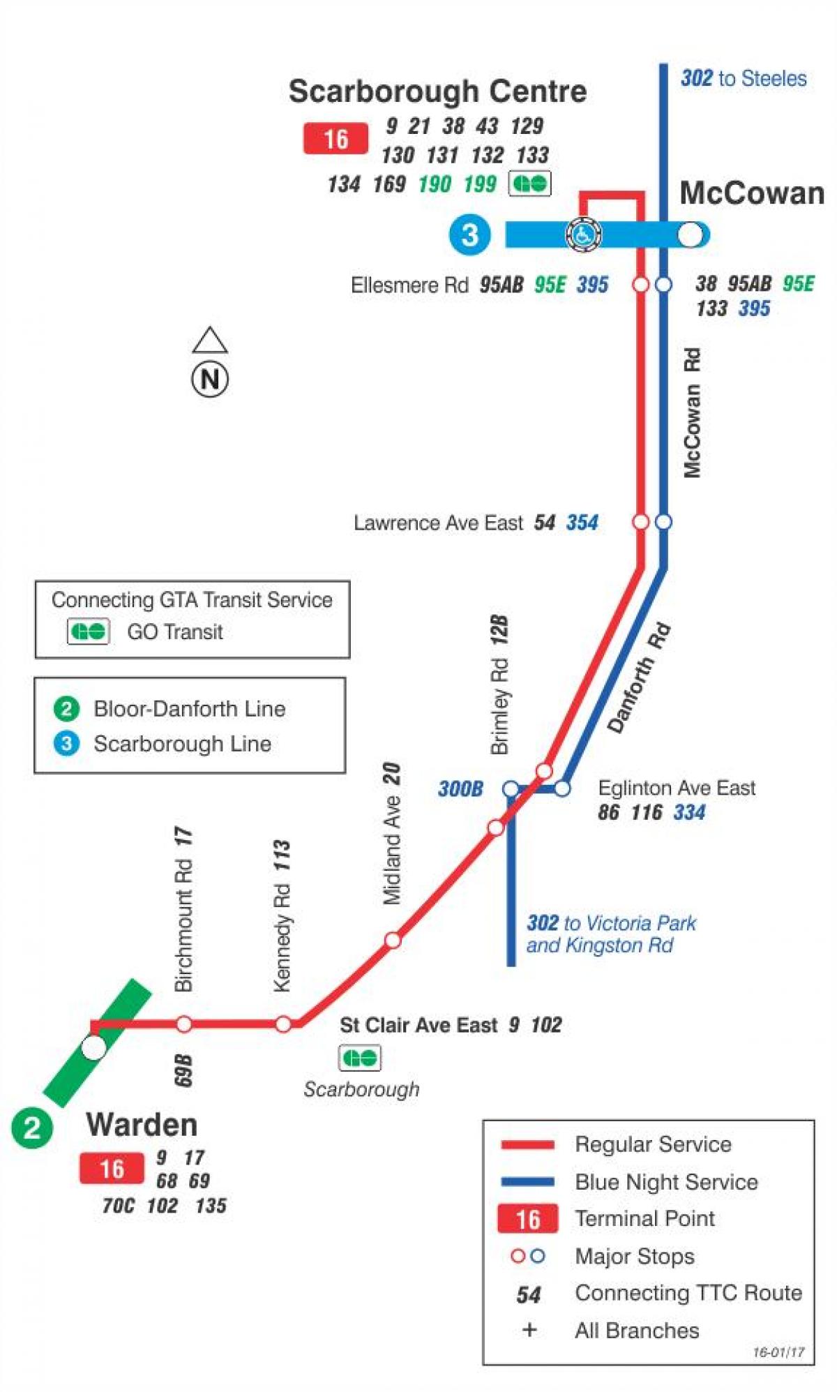 Mapa de TTC 16 McCowan ruta de autobús Toronto