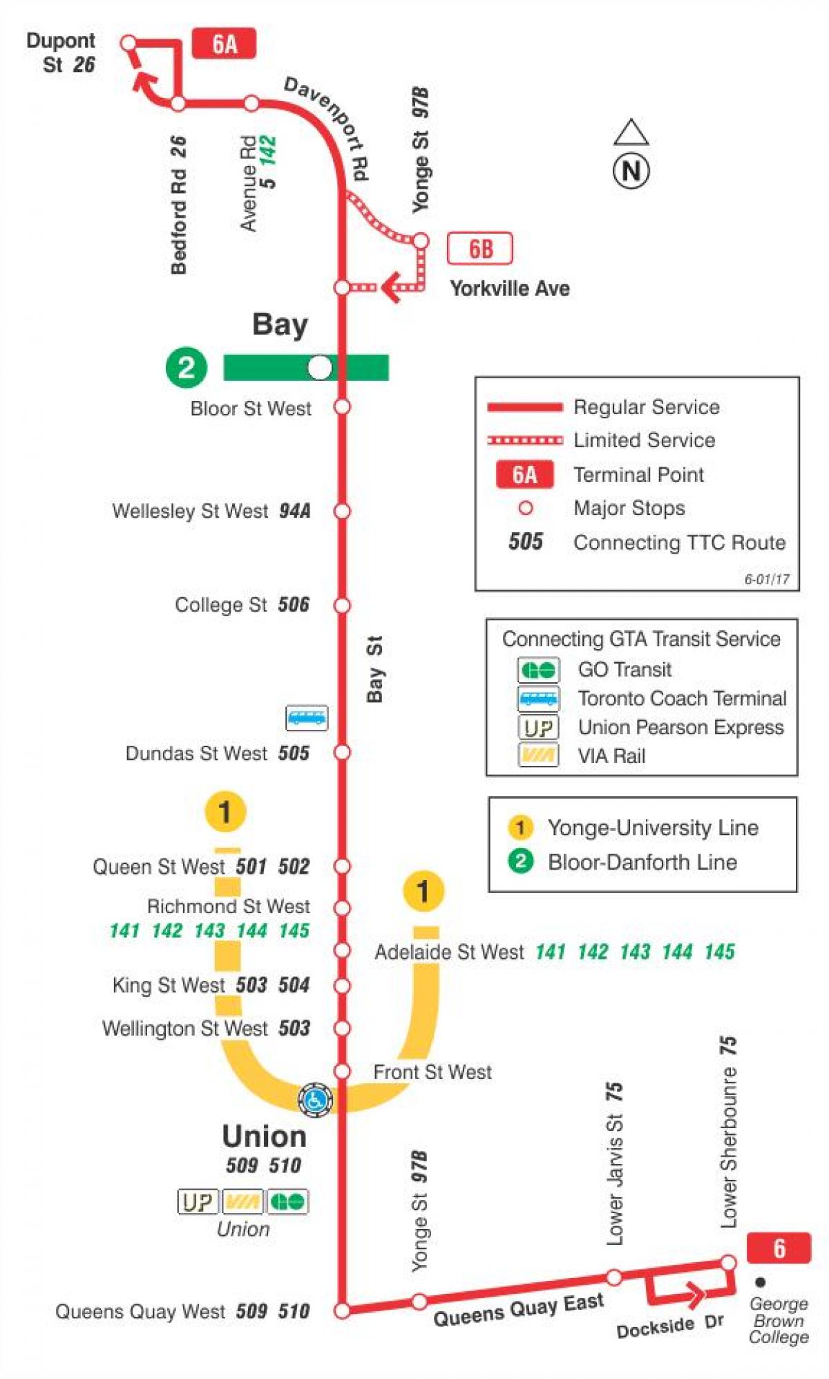 Mapa de TTC 6 Bay ruta de autobús Toronto
