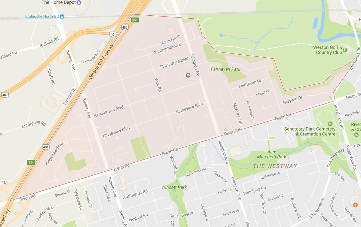 Mapa de Kingsview Aldea barrio Toronto