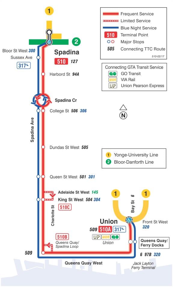 Mapa da liña de tranvía 510 Spadina