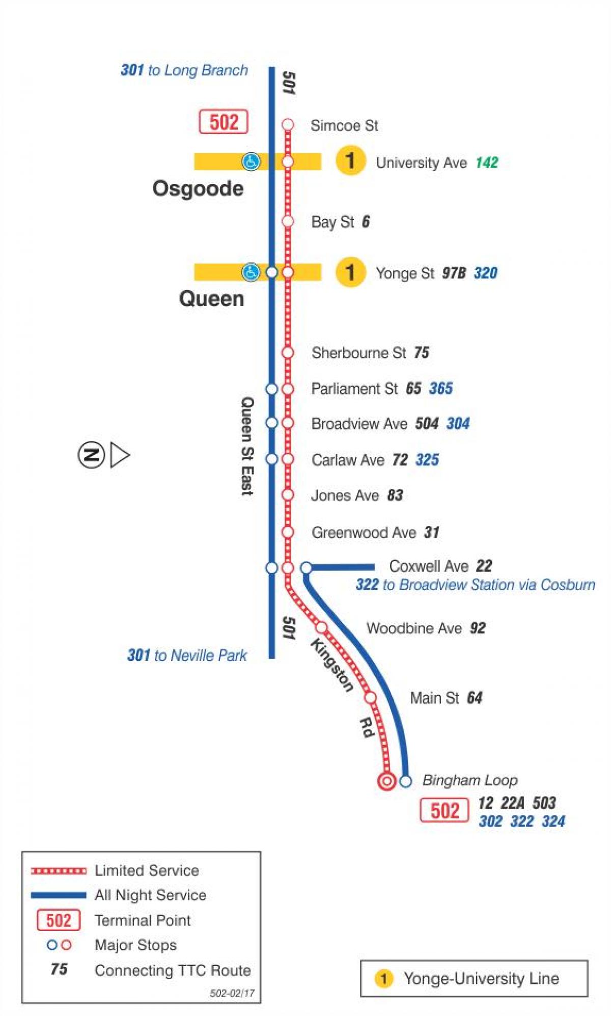 Mapa da liña de tranvía 502 Downtowner