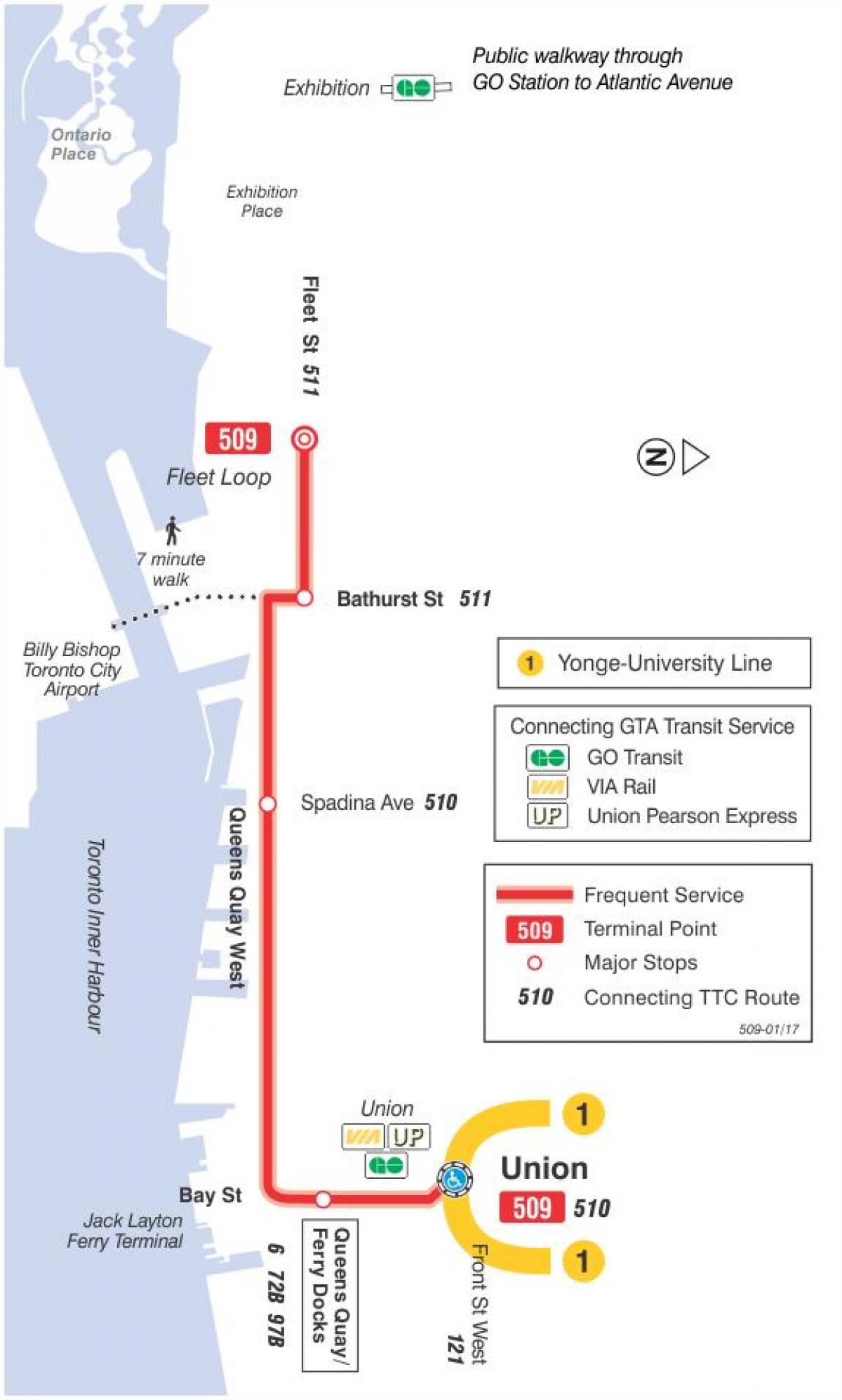 Mapa da liña de tranvía 509 Harbourfront