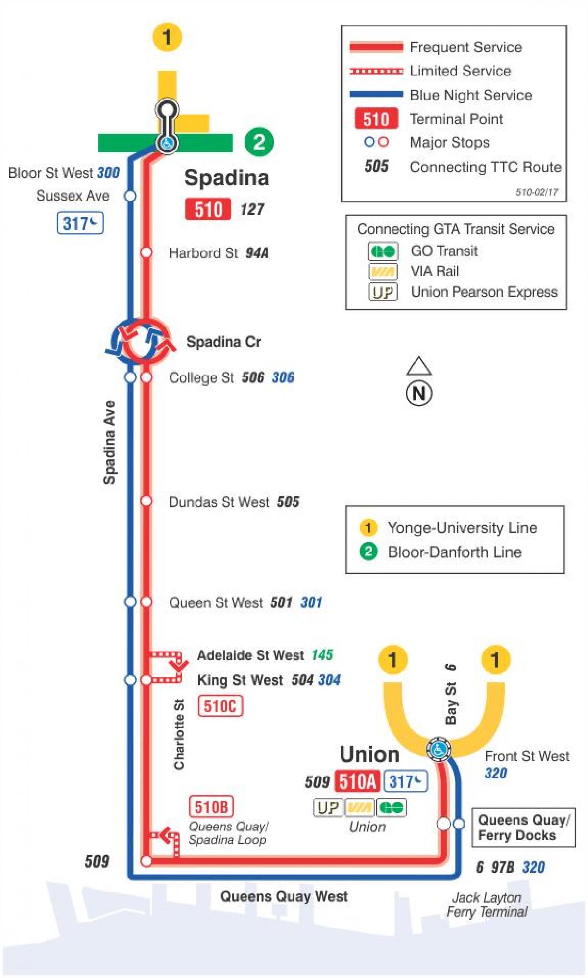 Mapa da liña de tranvía 510 Spadina