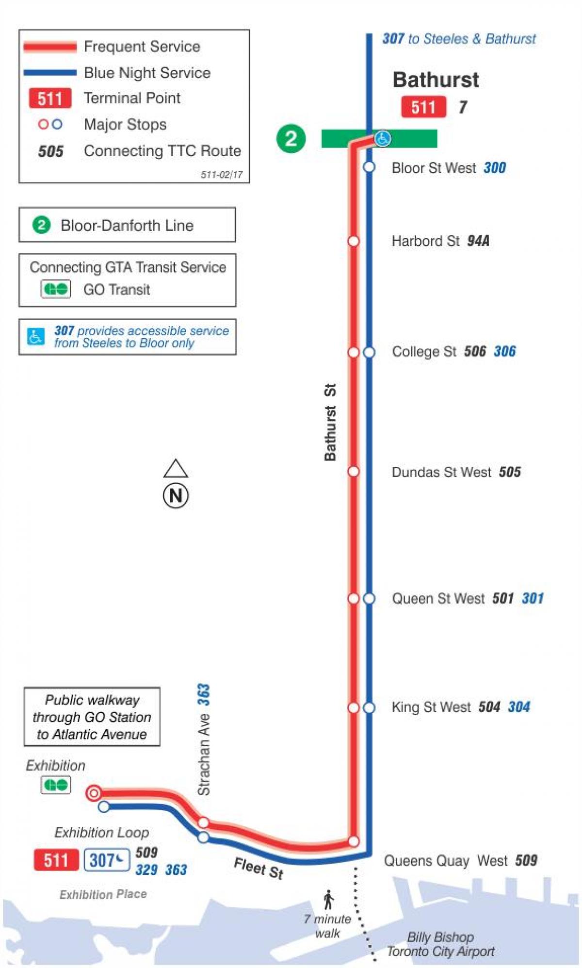 Mapa da liña de tranvía 511 Bathurst