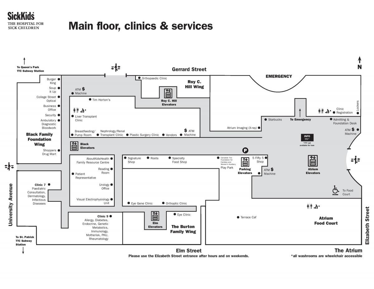 Mapa do Hospital para Nenos Enfermos Toronto chan principal