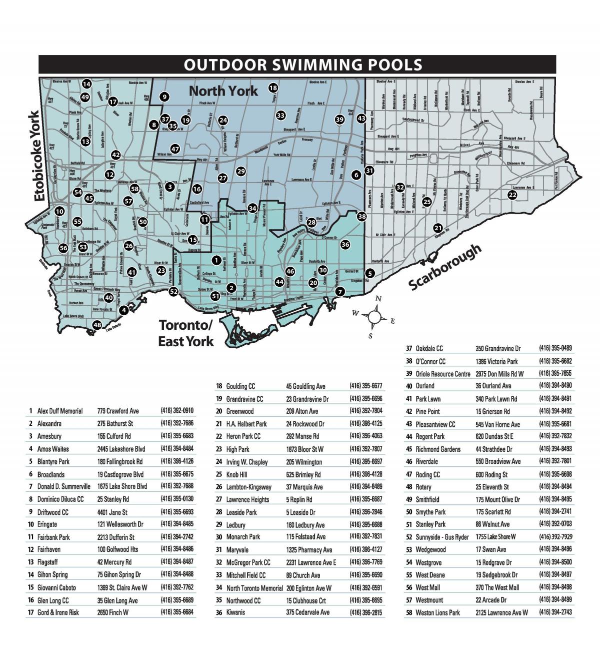 Mapa de piscinas ao aire libre Toronto
