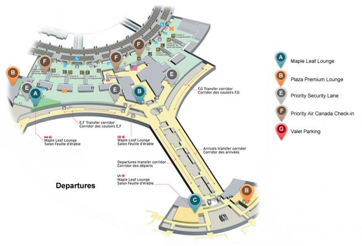Mapa de Toronto Pearson aeroporto internacional de partidas terminal