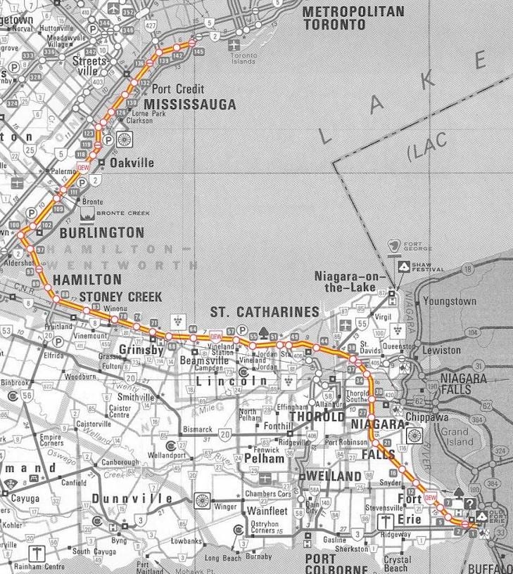 Mapa de Toronto QEW Raíña Isabel Camiño