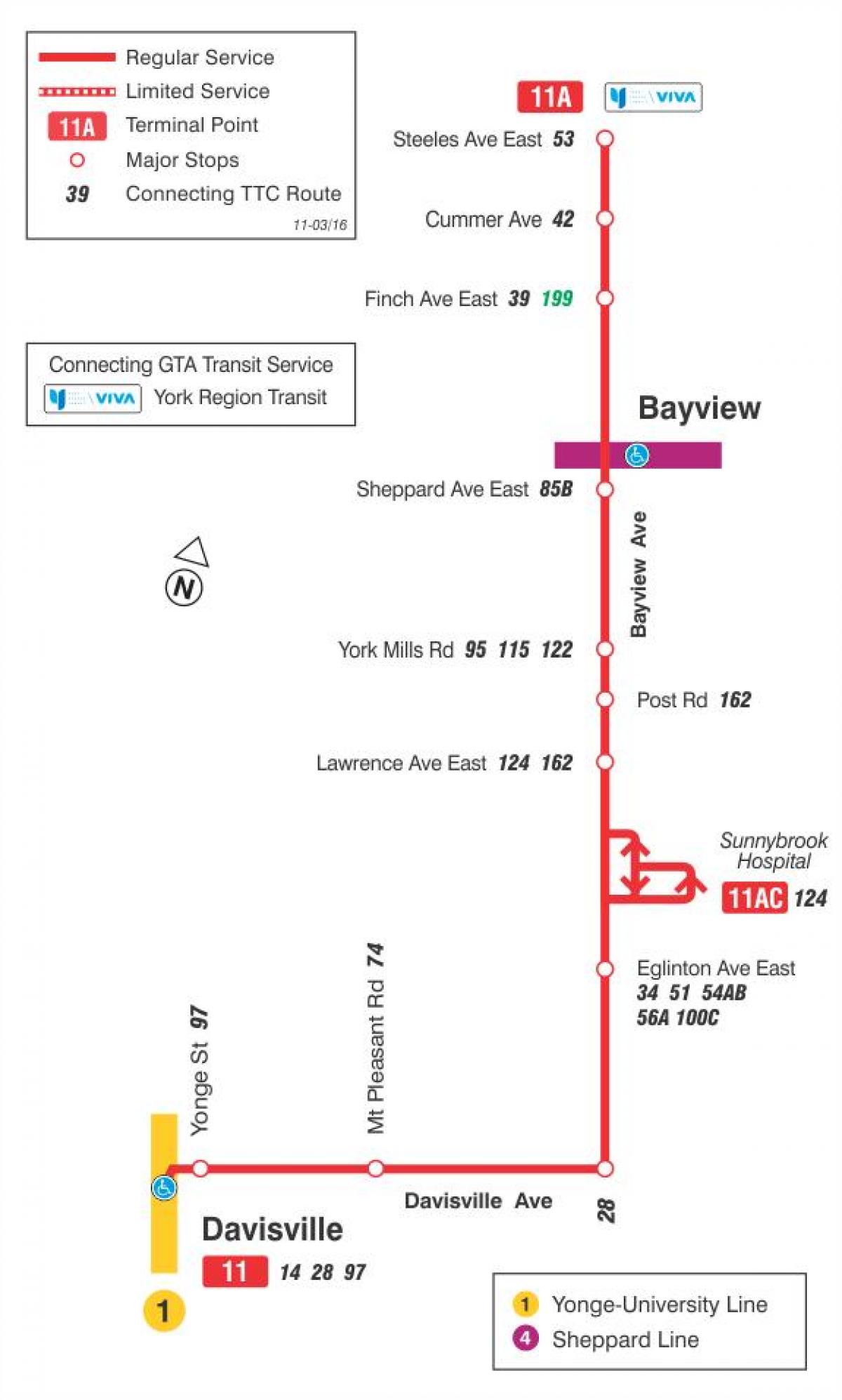 Mapa de TTC 11 Bayview ruta de autobús Toronto