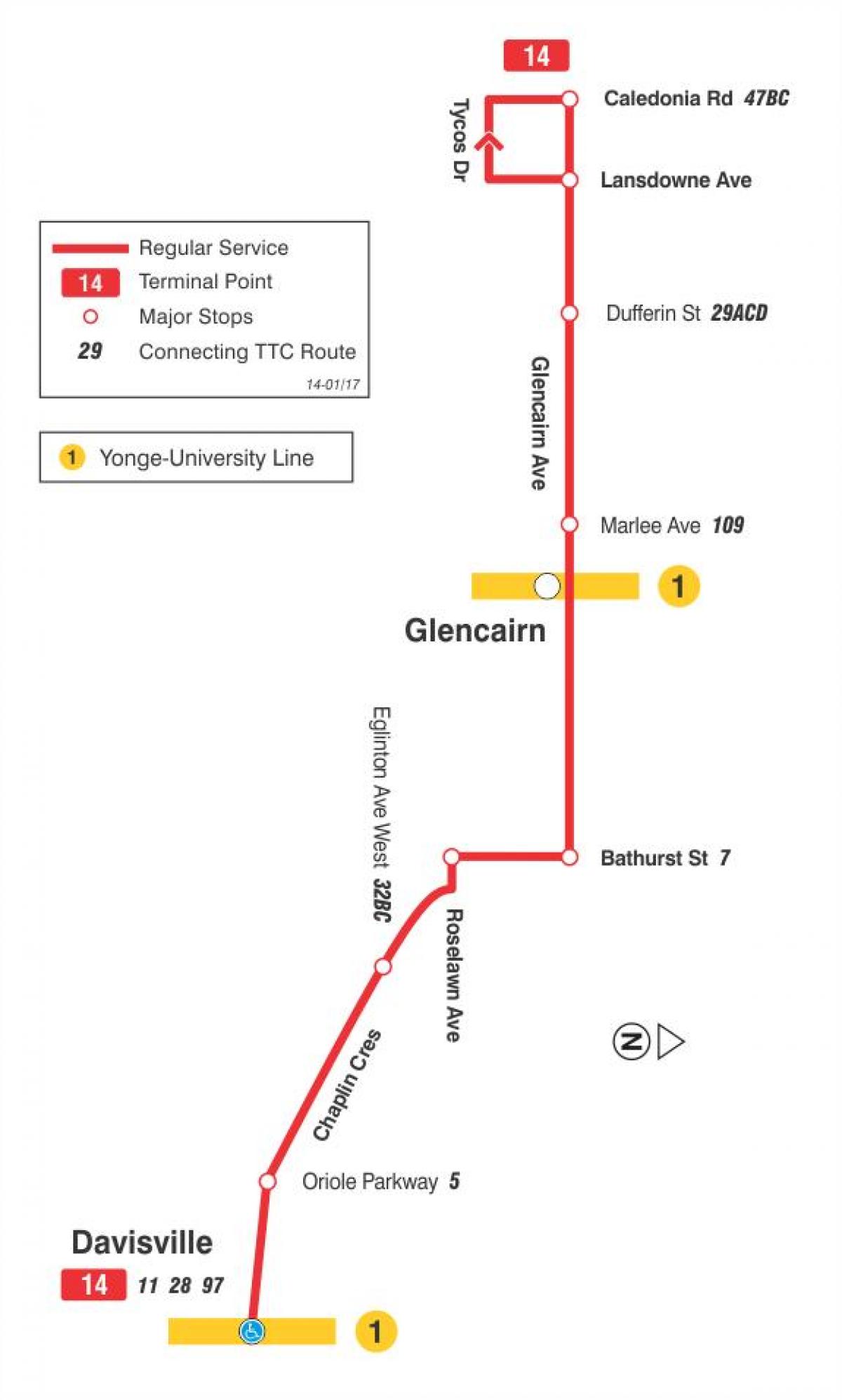 Mapa de TTC 14 Glencairn ruta de autobús Toronto