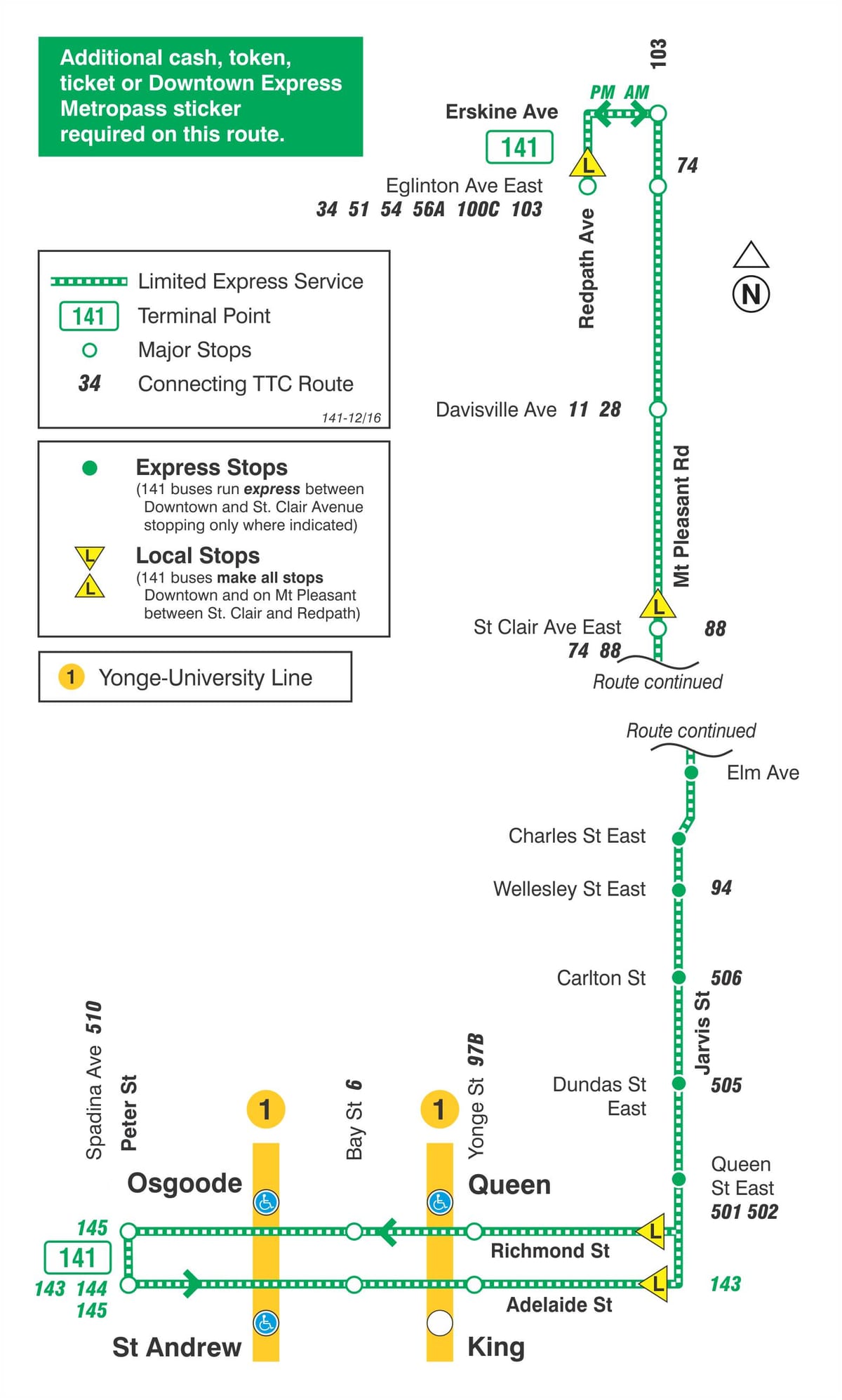 Mapa de TTC 141 Centro / Mt Pleasant Expresar ruta de autobús Toronto