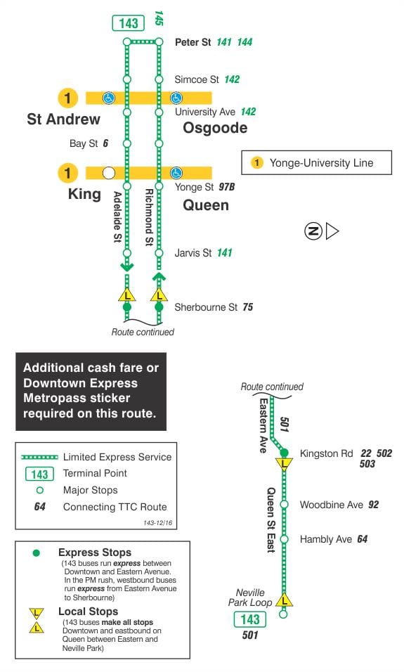 Mapa de TTC 143 Centro / Praia Expresar ruta de autobús Toronto
