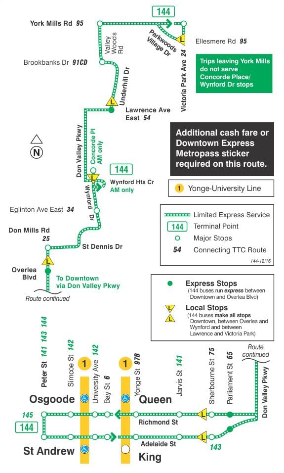 Mapa de TTC 144 Centro / Non Val Expresar ruta de autobús Toronto