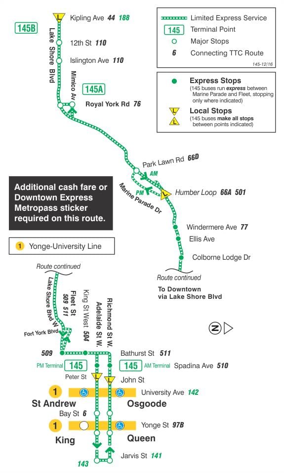 Mapa de TTC 145 Centro / Norte da Baía de Expresar a ruta de autobús Toronto