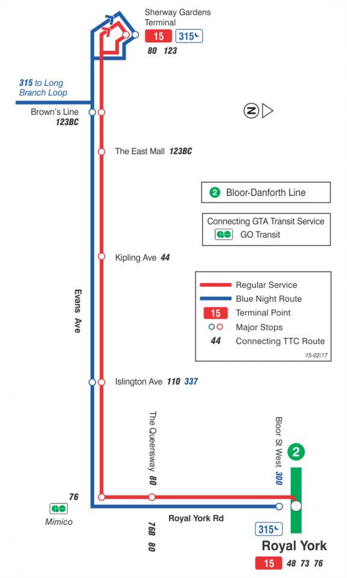 Mapa de TTC 15 Evans ruta de autobús Toronto