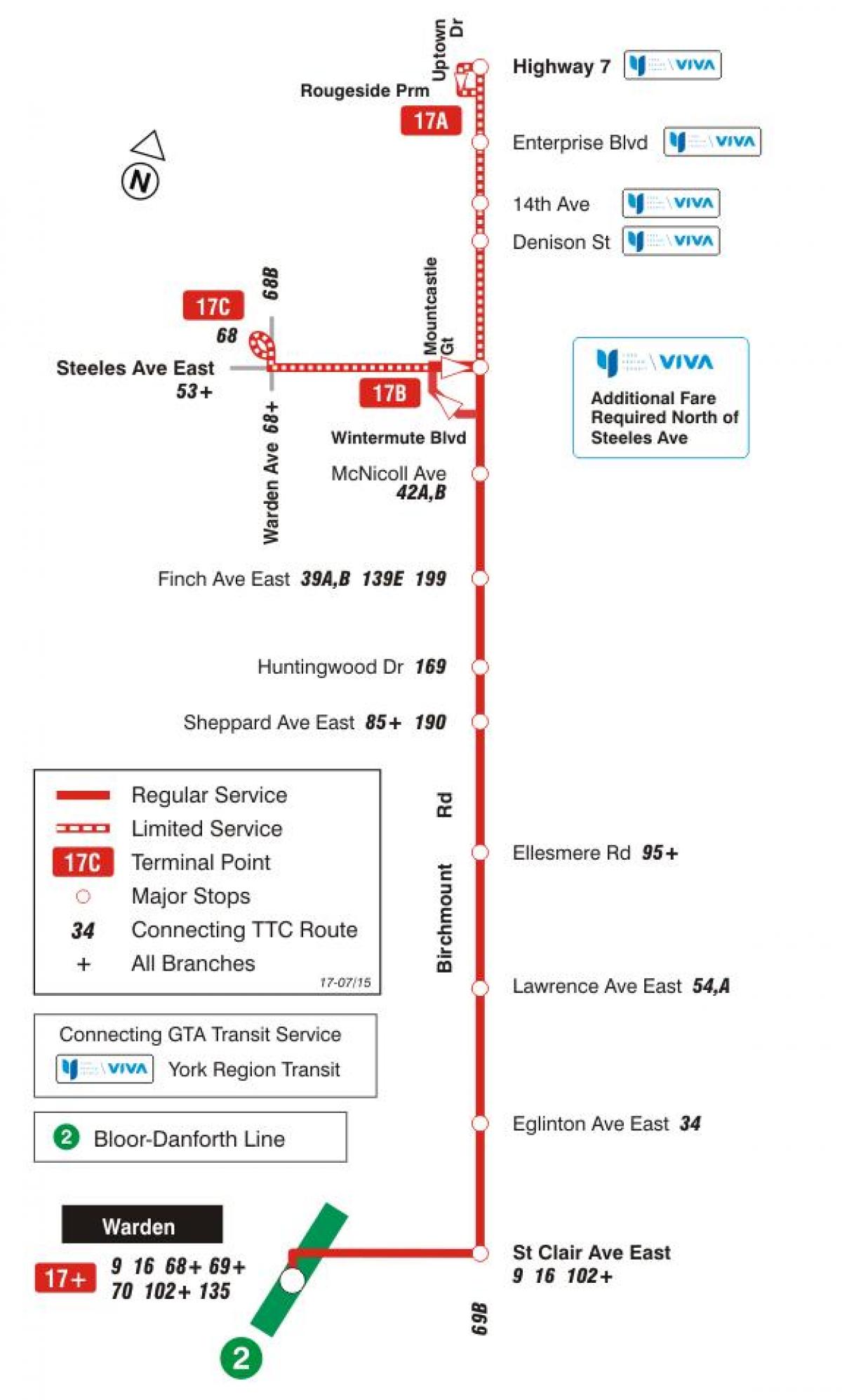 Mapa de TTC 17 Birchmount ruta de autobús Toronto