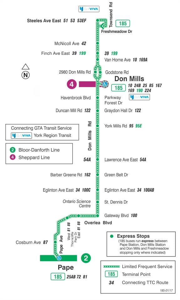 Mapa de TTC 185 Don Mills Foguete ruta de autobús Toronto