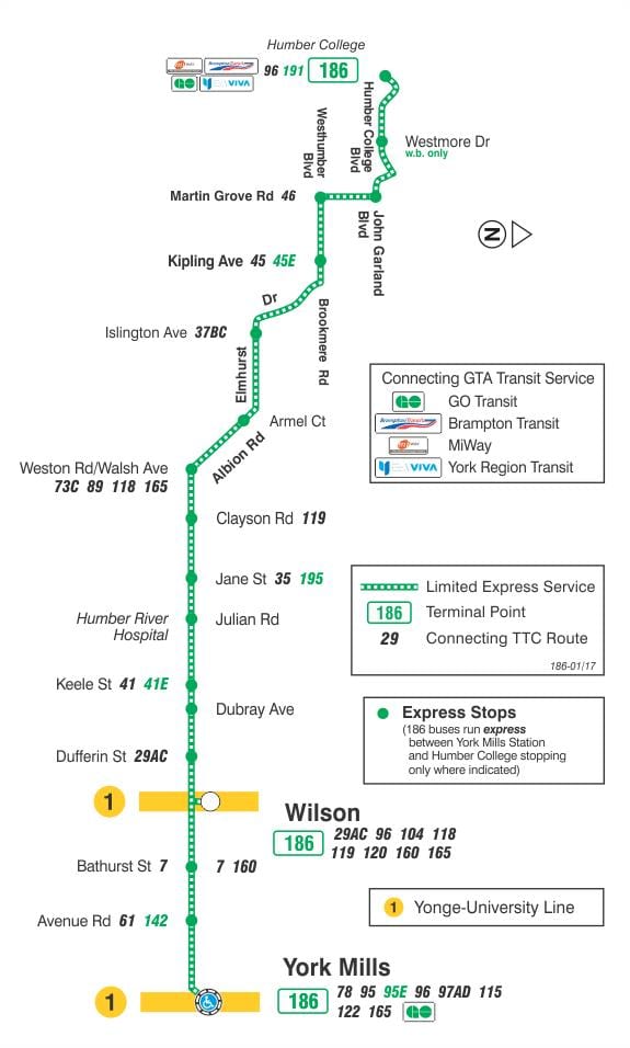 Mapa de TTC 186 Wilson Foguete ruta de autobús Toronto
