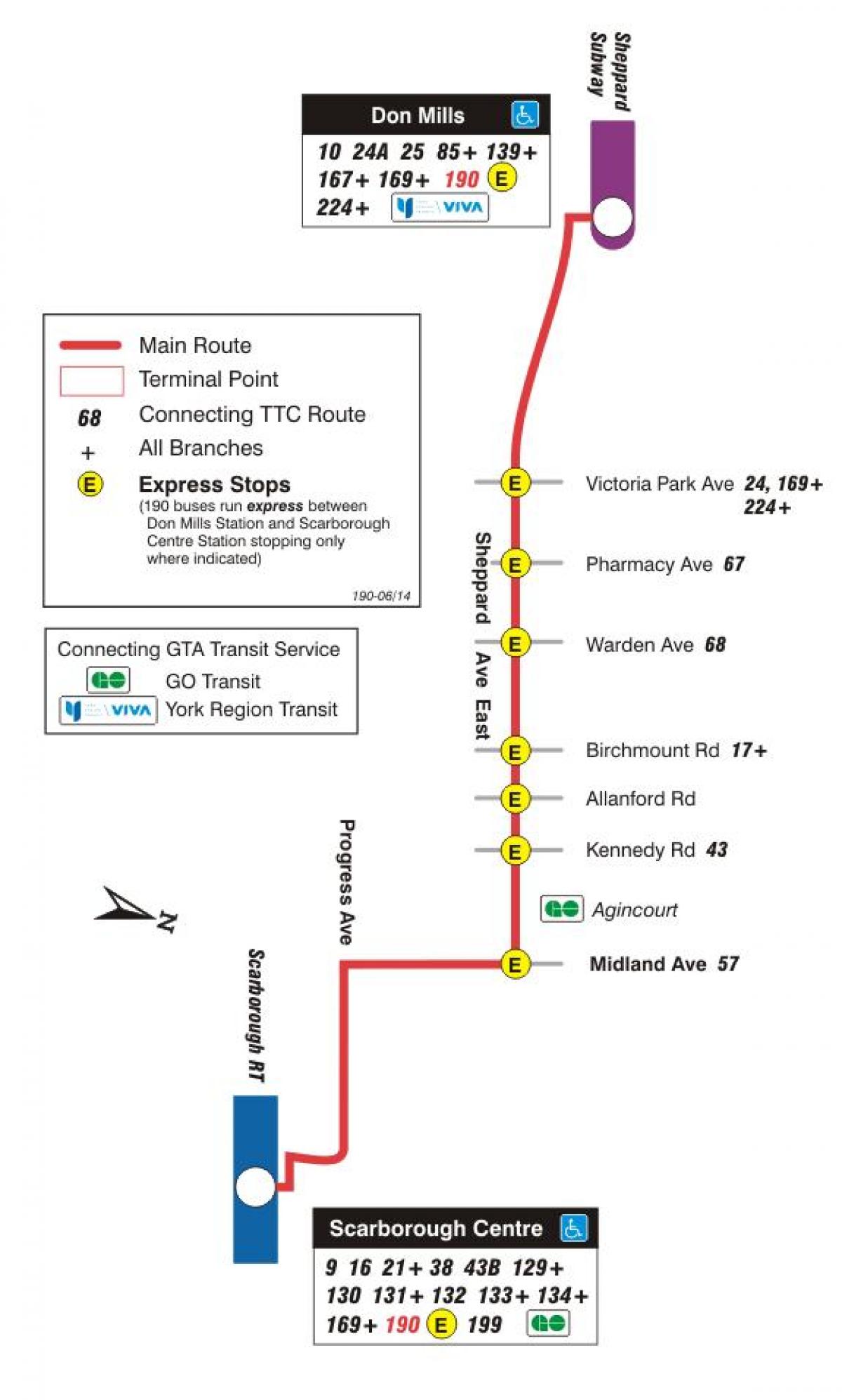 Mapa de TTC 190 Scarborough Centro Foguete ruta de autobús Toronto