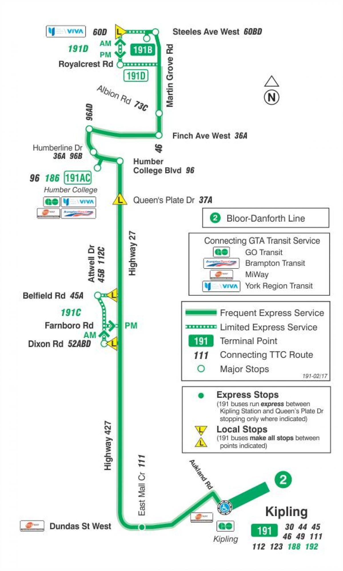 Mapa de TTC 191 Estrada 27 Foguete ruta de autobús Toronto