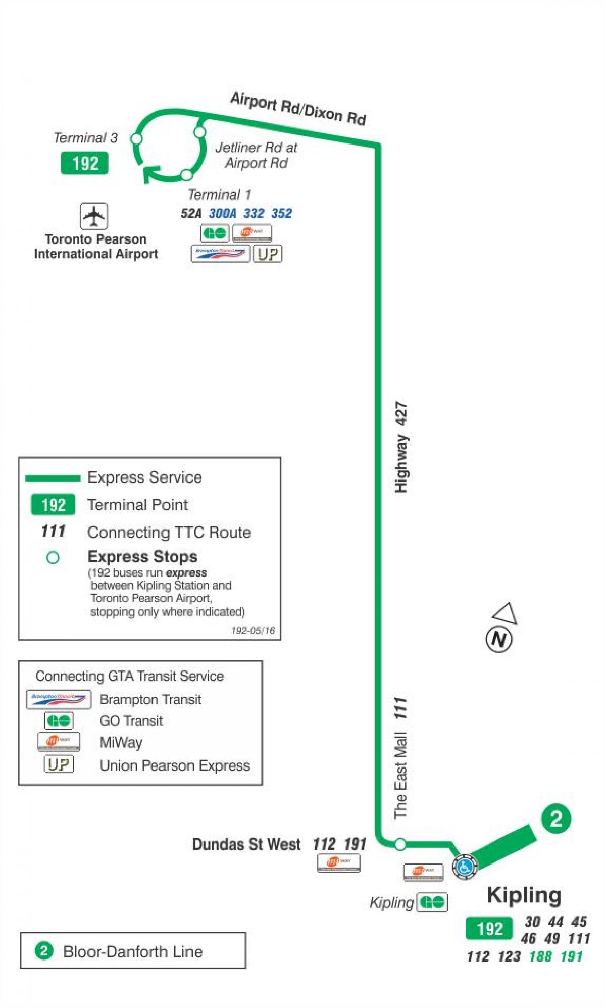 Mapa de TTC 192 Aeroporto Foguete ruta de autobús Toronto