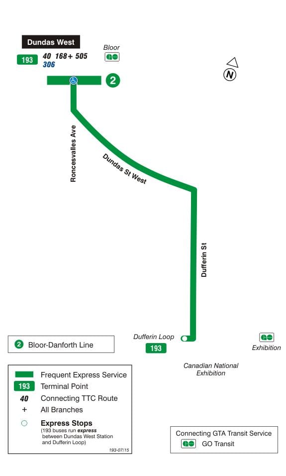 Mapa de TTC 193 Exposición Foguete ruta de autobús Toronto