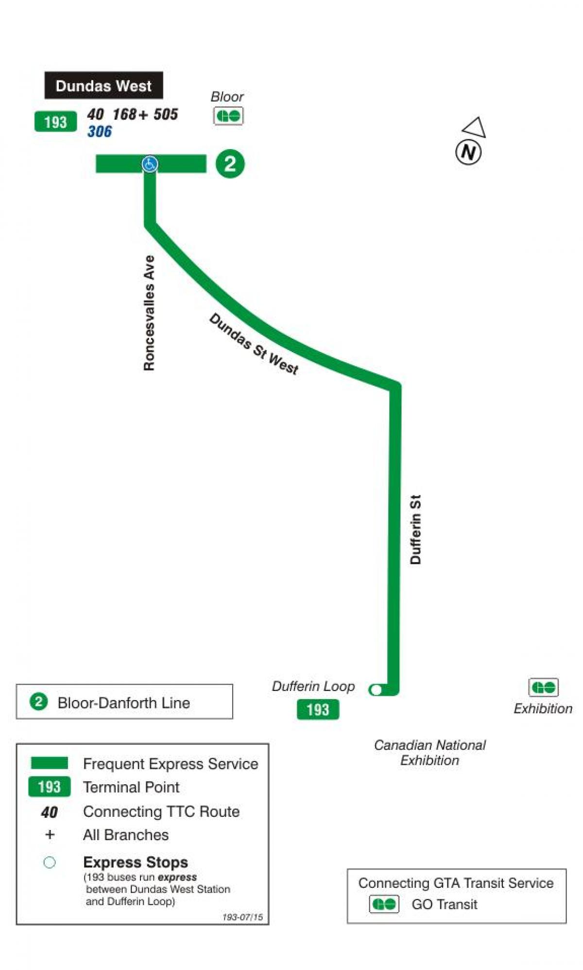 Mapa de TTC 193 Exposición Foguete ruta de autobús Toronto