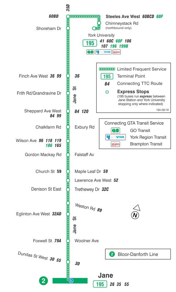 Mapa de TTC 195 Jane Foguete ruta de autobús Toronto