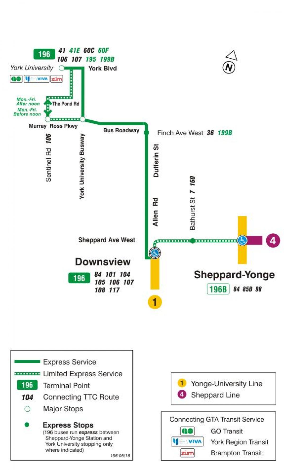 Mapa de TTC 196 Universidade de York Foguete ruta de autobús Toronto