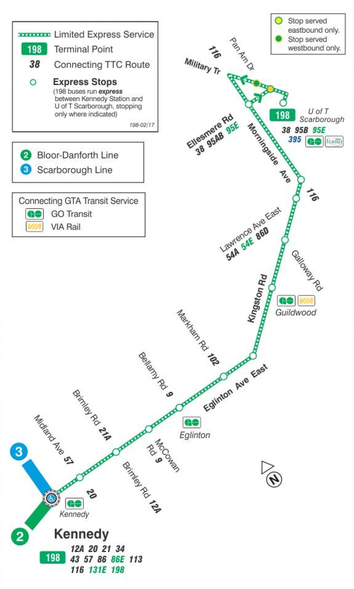 Mapa de TTC 198 U de T Scarborough Foguete ruta de autobús Toronto
