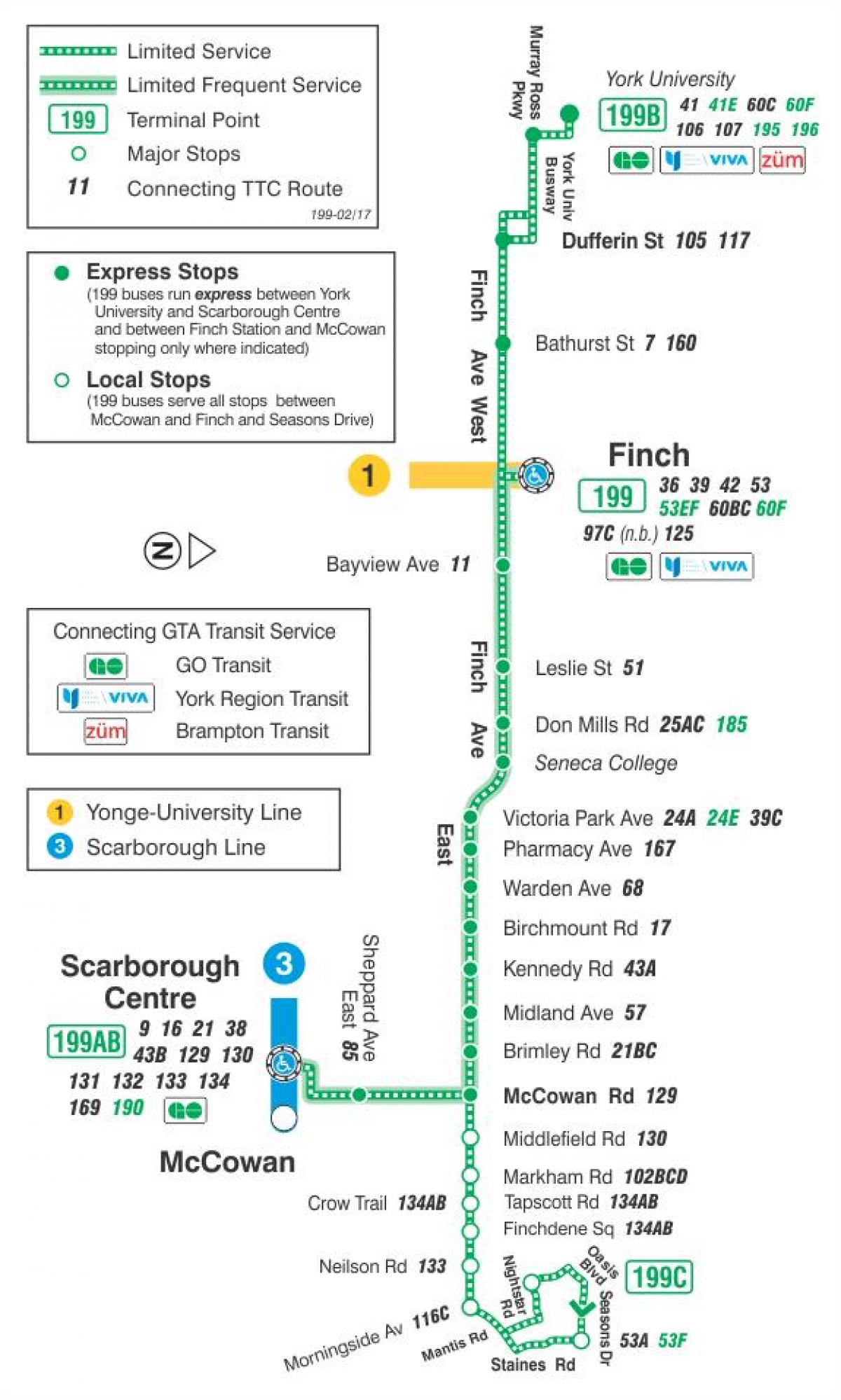 Mapa de TTC 199 Finch Foguete ruta de autobús Toronto