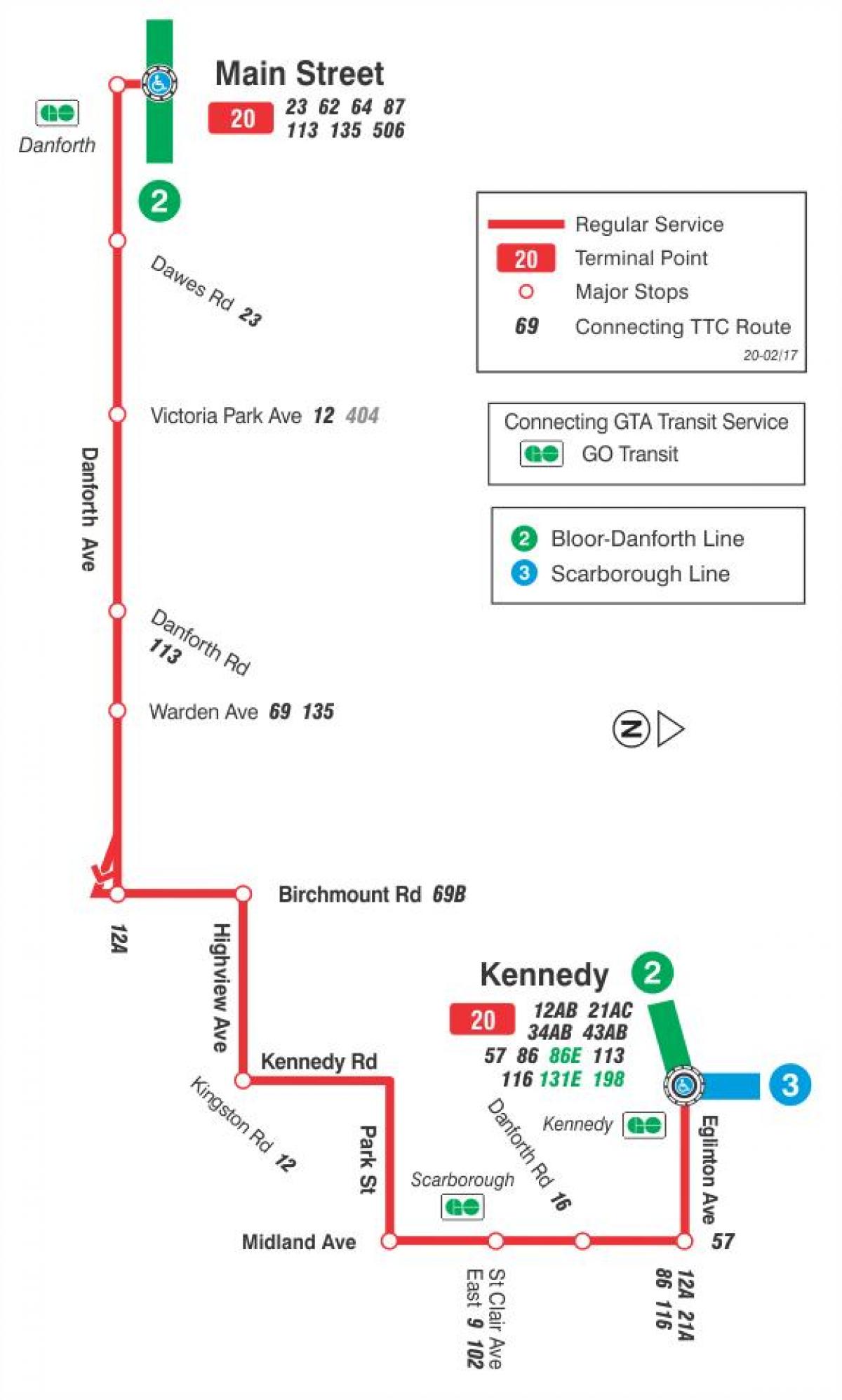Mapa de TTC 20 Cliffside ruta de autobús Toronto