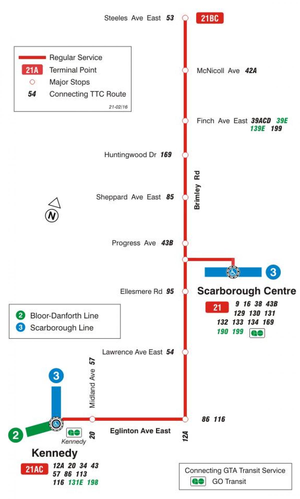 Mapa de TTC 21 Brimley ruta de autobús Toronto