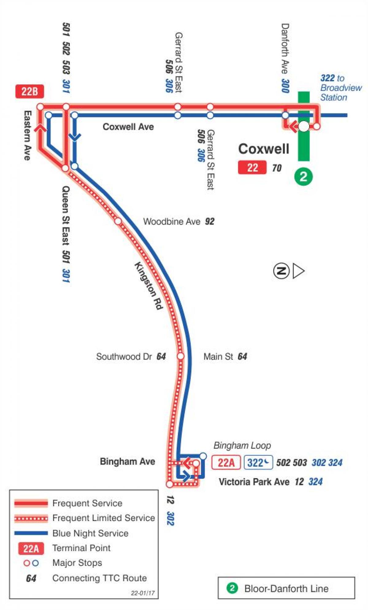 Mapa de TTC 22 Coxwell ruta de autobús Toronto