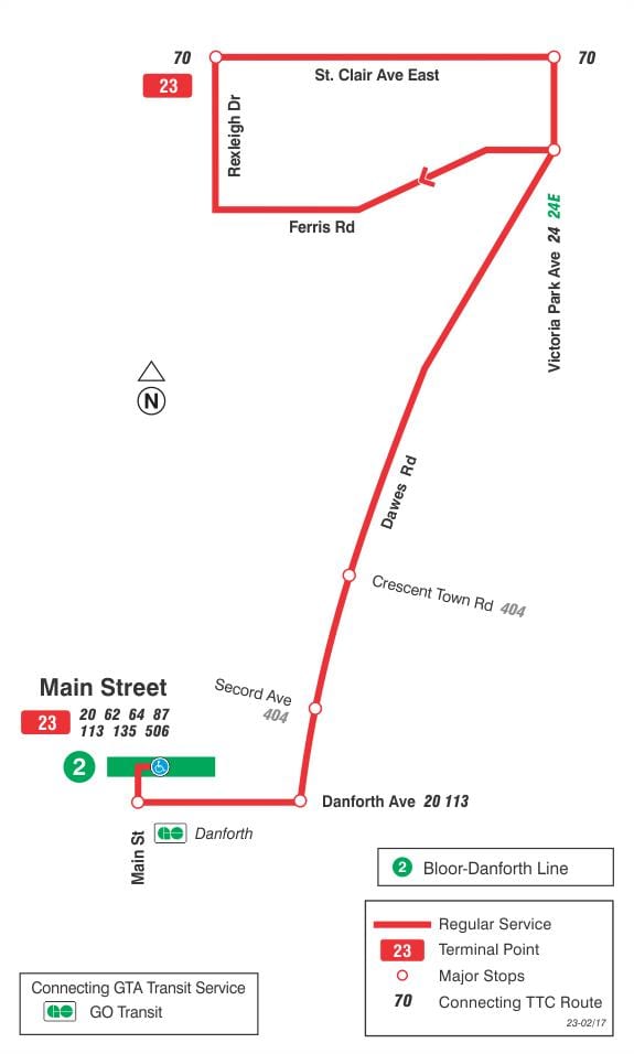 Mapa de TTC 23 Dawes ruta de autobús Toronto