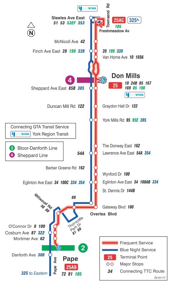 Mapa de TTC 25 Don Mills ruta de autobús Toronto