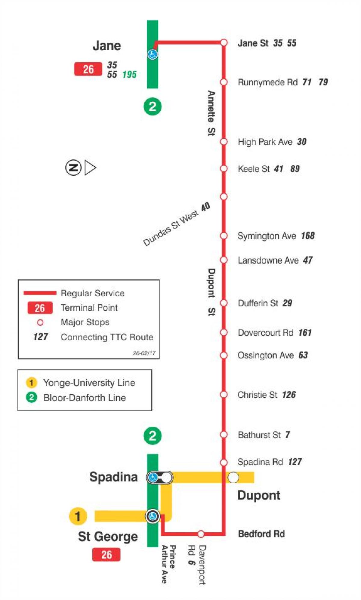 Mapa de TTC 26 de Dupont ruta de autobús Toronto