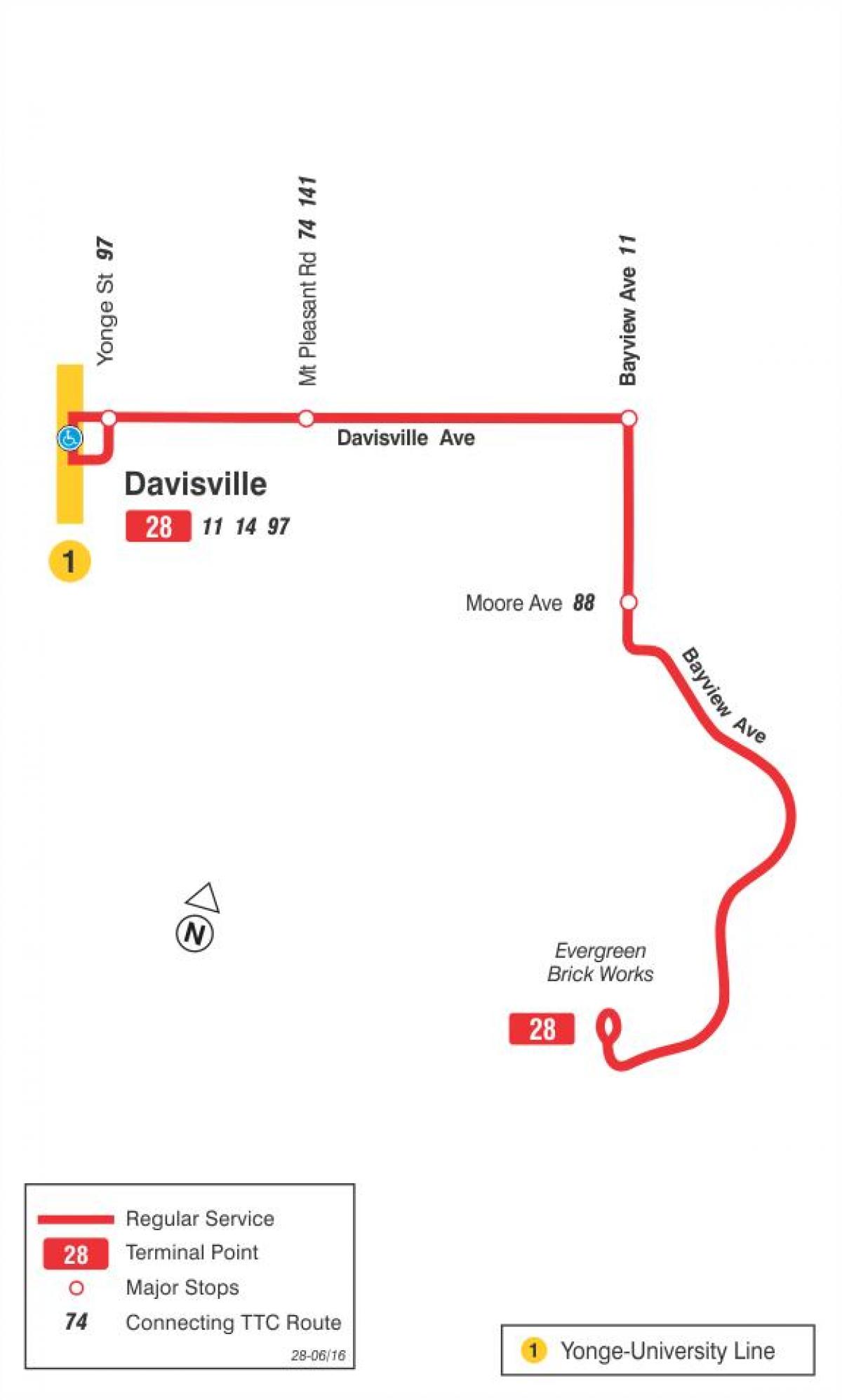 Mapa de TTC 28 Bayview Sur autobús a Toronto