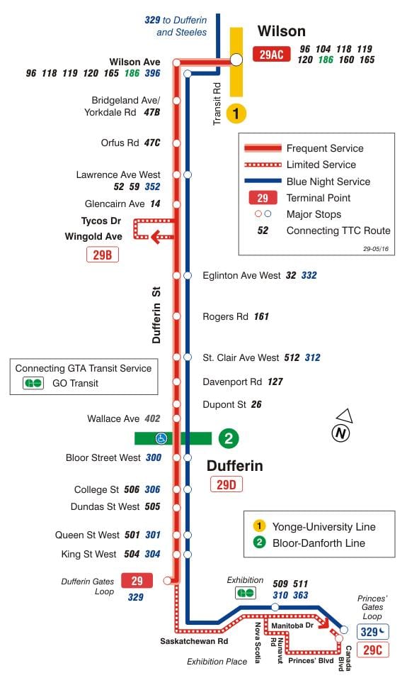 Mapa de TTC 29 Dufferin ruta de autobús Toronto