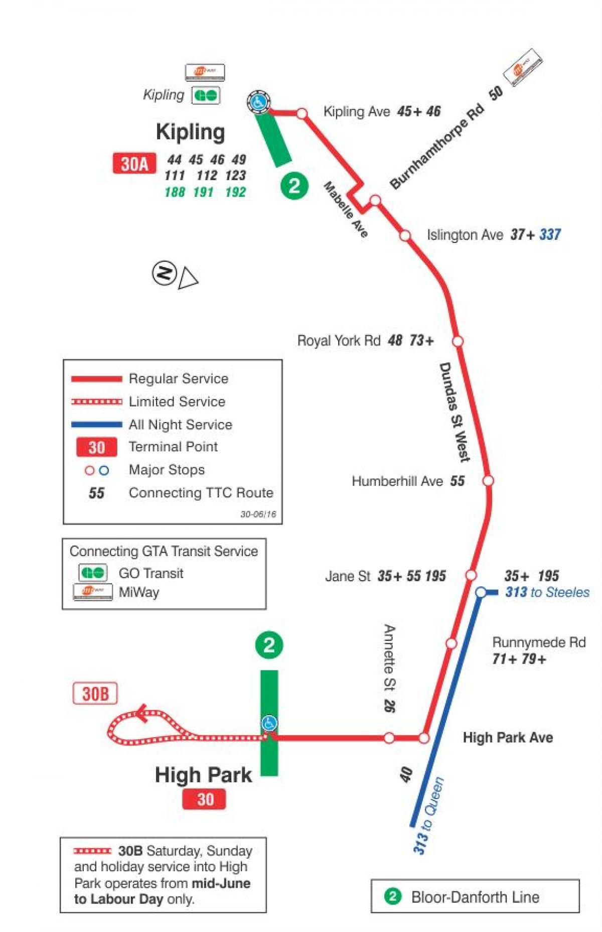 Mapa de TTC 30 Lambton ruta de autobús Toronto
