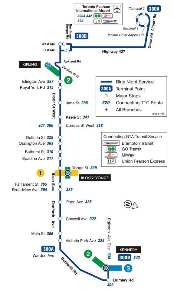 Mapa de TTC 300A Bloor-Danforth ruta de autobús Toronto