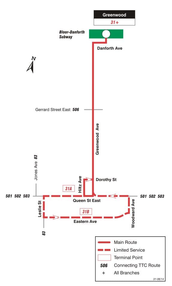 Mapa de TTC 31 Greenwood ruta de autobús Toronto
