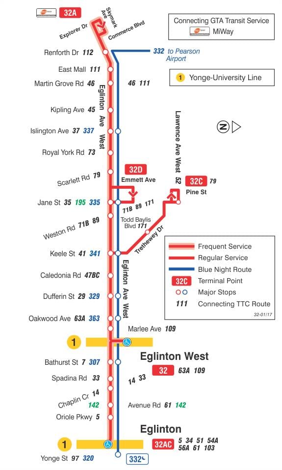 Mapa de TTC 32 Eglinton Oeste ruta de autobús Toronto