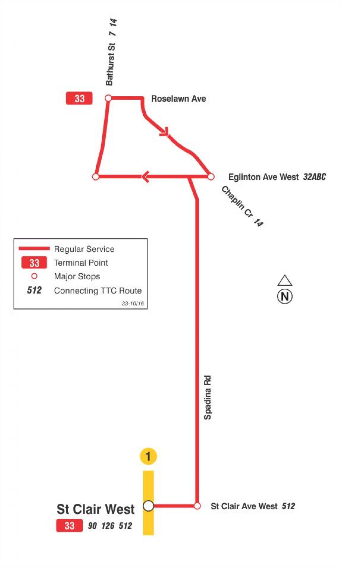 Mapa de TTC 33 Forest Hill ruta de autobús Toronto