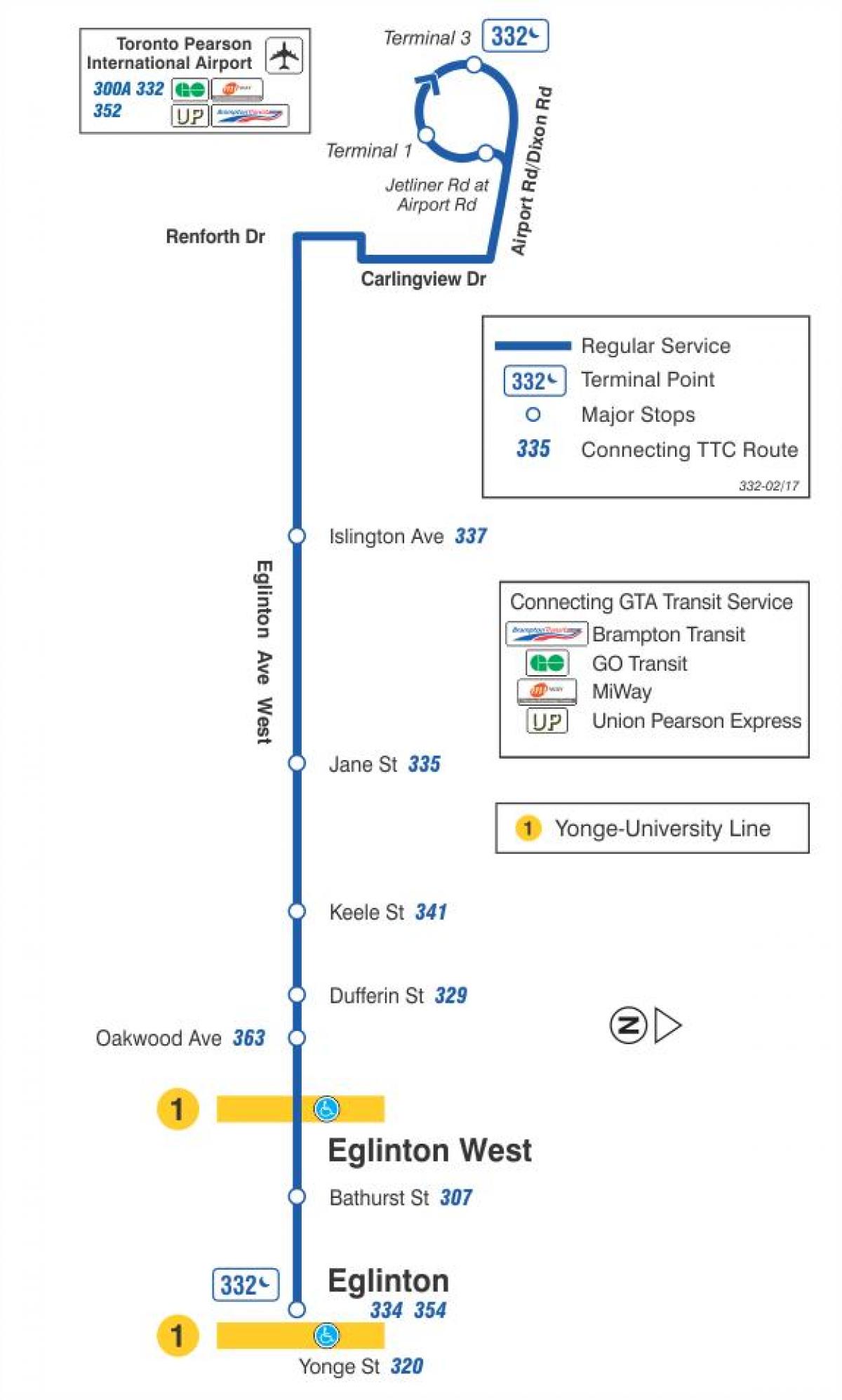 Mapa de TTC 332 Eglinton Oeste ruta de autobús Toronto