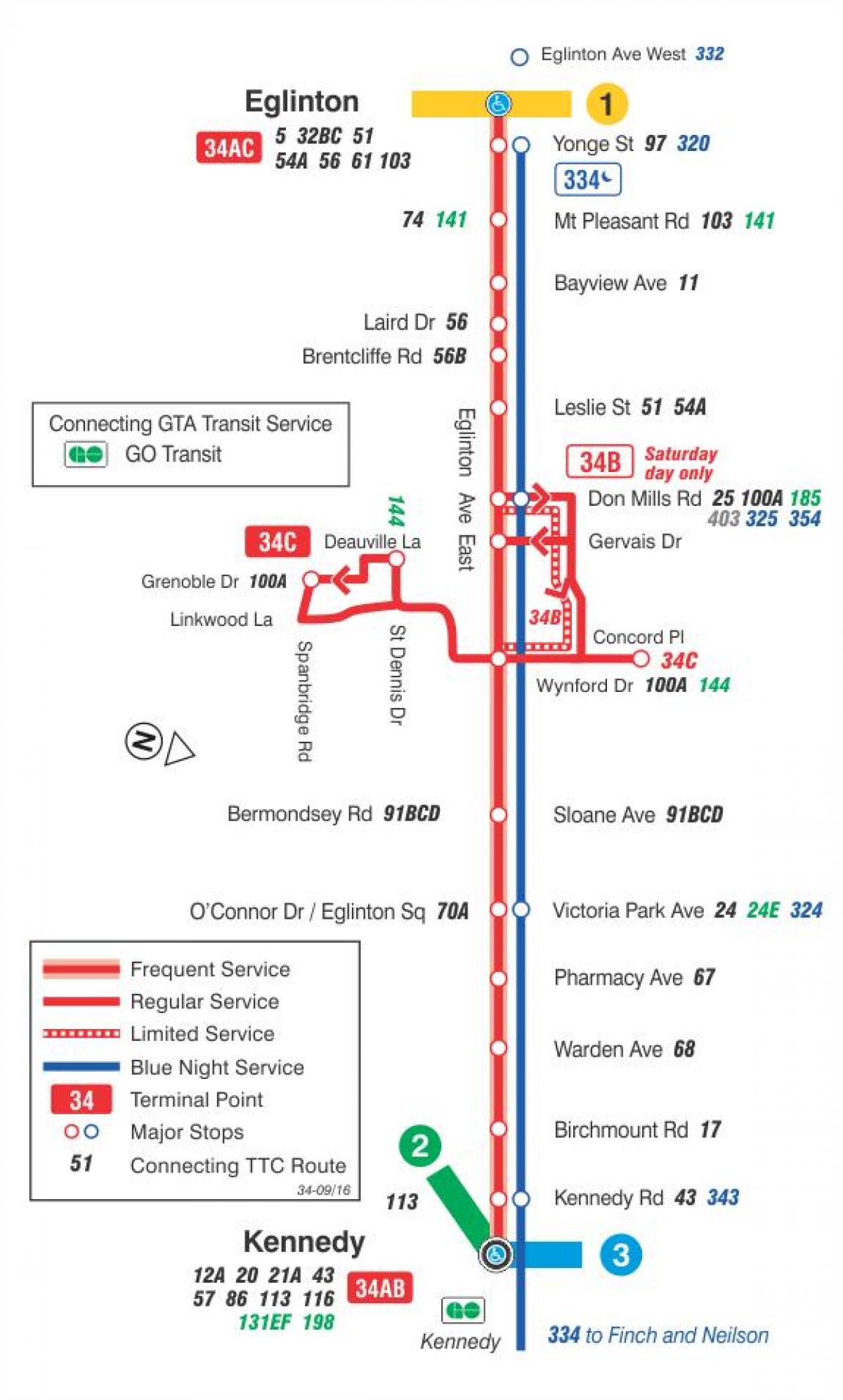 Mapa de TTC 34 Eglinton Leste ruta de autobús Toronto