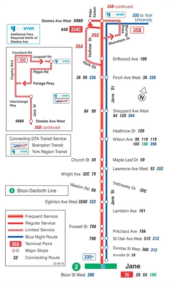 Mapa de TTC 35 Jane ruta de autobús Toronto