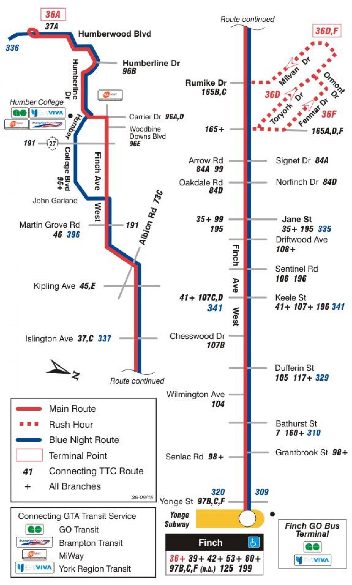 Mapa de TTC 36 Finch Oeste ruta de autobús Toronto