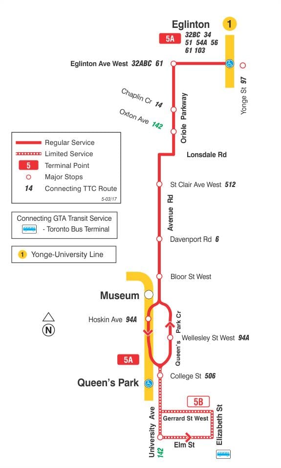 Mapa de TTC 5 Avenida Rd ruta de autobús Toronto
