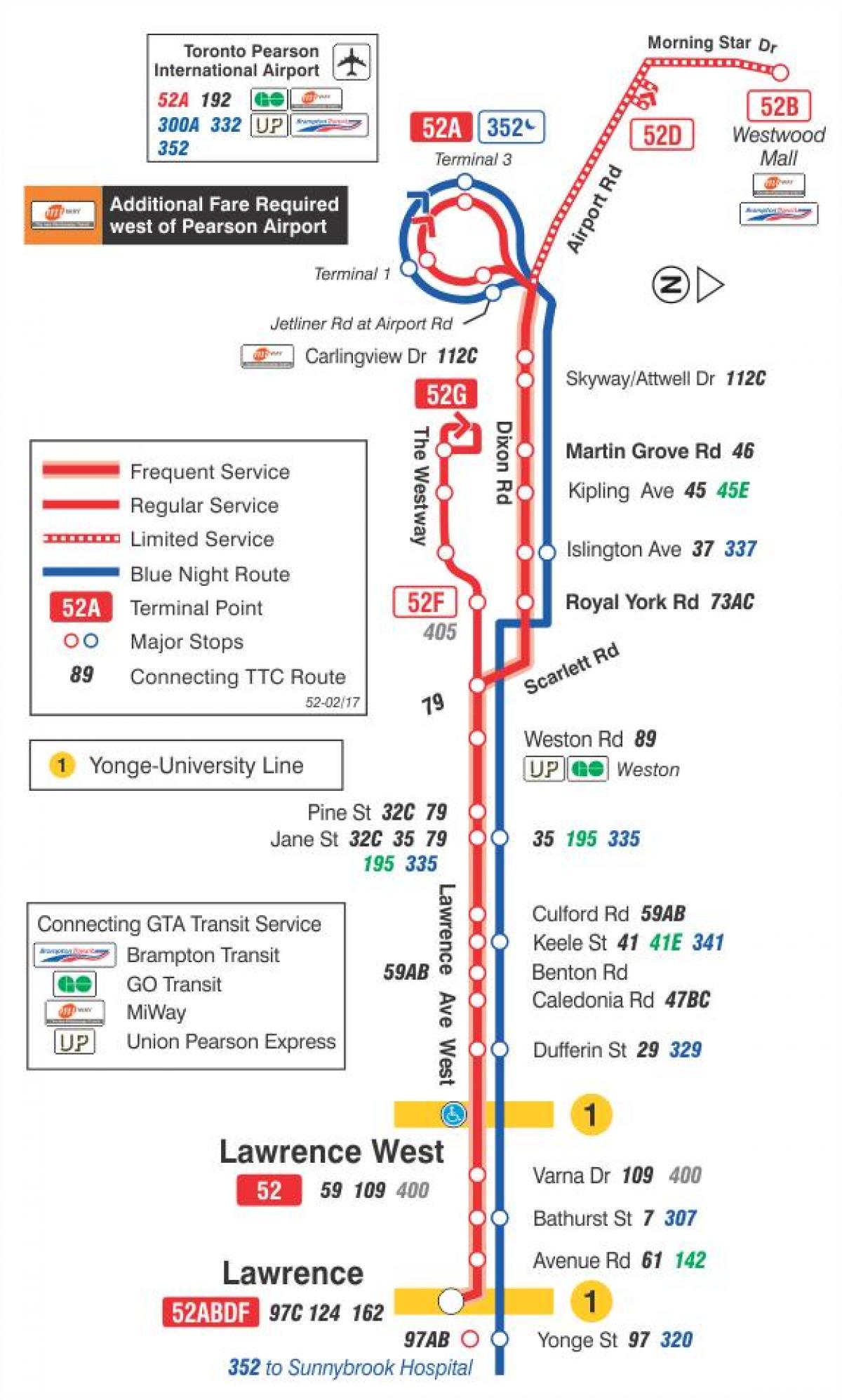 Mapa de TTC 52 Lawrence Oeste ruta de autobús Toronto